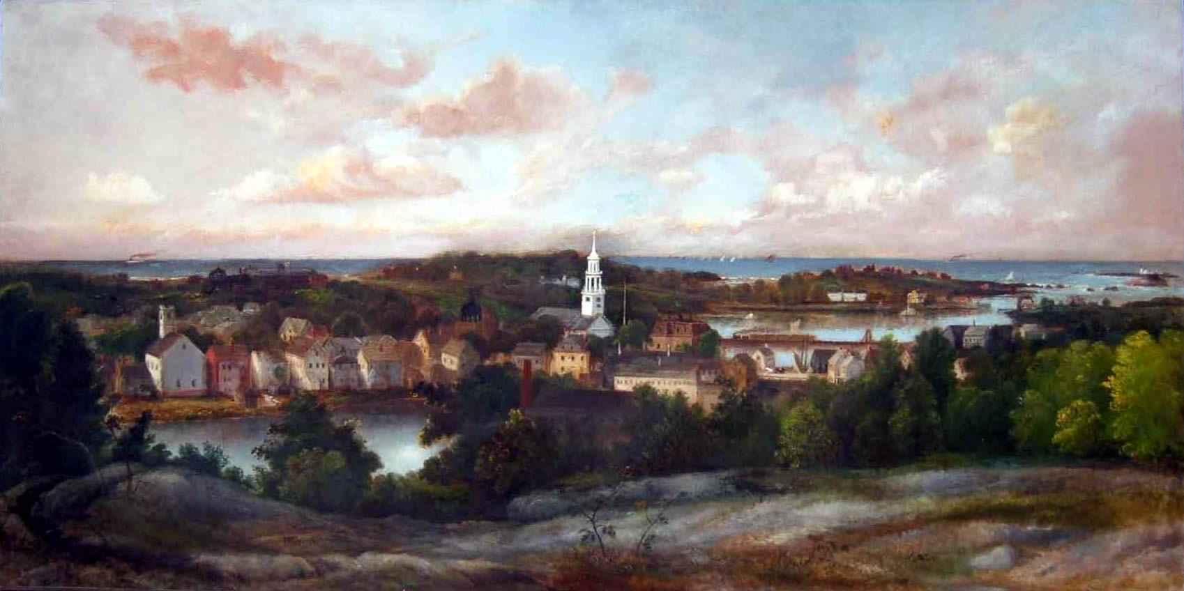 A painting of Manchester from Powder House Hill by Joshua Sheldon that hangs in 