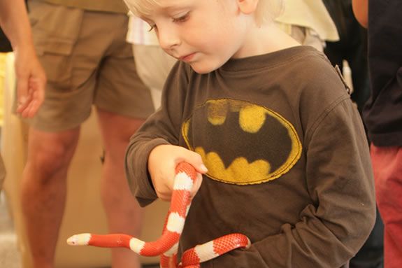 B holds a snake handed to him by Rick Roth of the Cape Ann Vernal Pond Team.