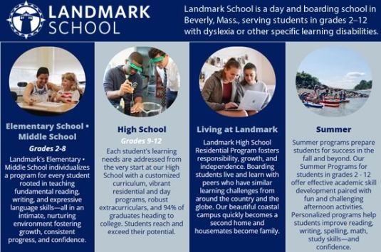 Landmark School is a day and boarding school in Beverly, Mass., serving students in grades 2–12 with dyslexia or other specific learning disabilities.