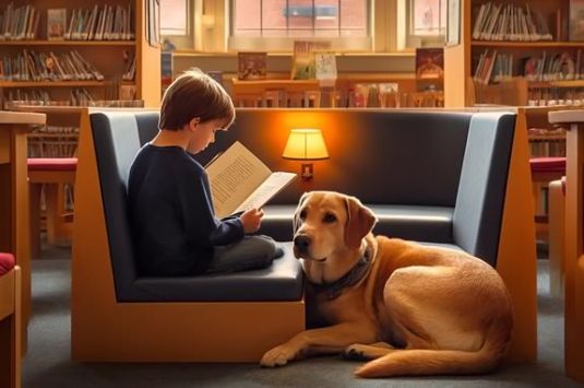 Kids are invited to read to a dog at Amesbury Massachusetts Public Library. Image generated with AI.